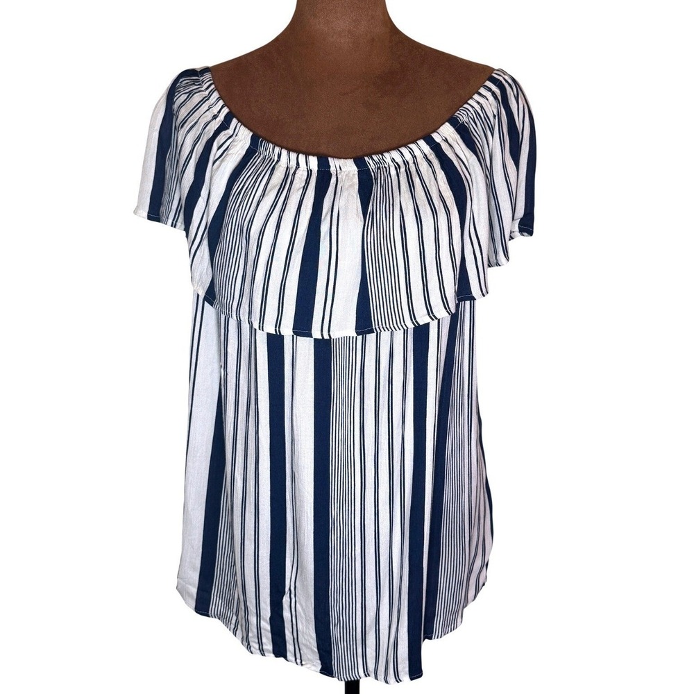 Off Shoulder Striped Blouse Womens 1X Blue White Rayon Speed Limit MPH NWT‎ Chic